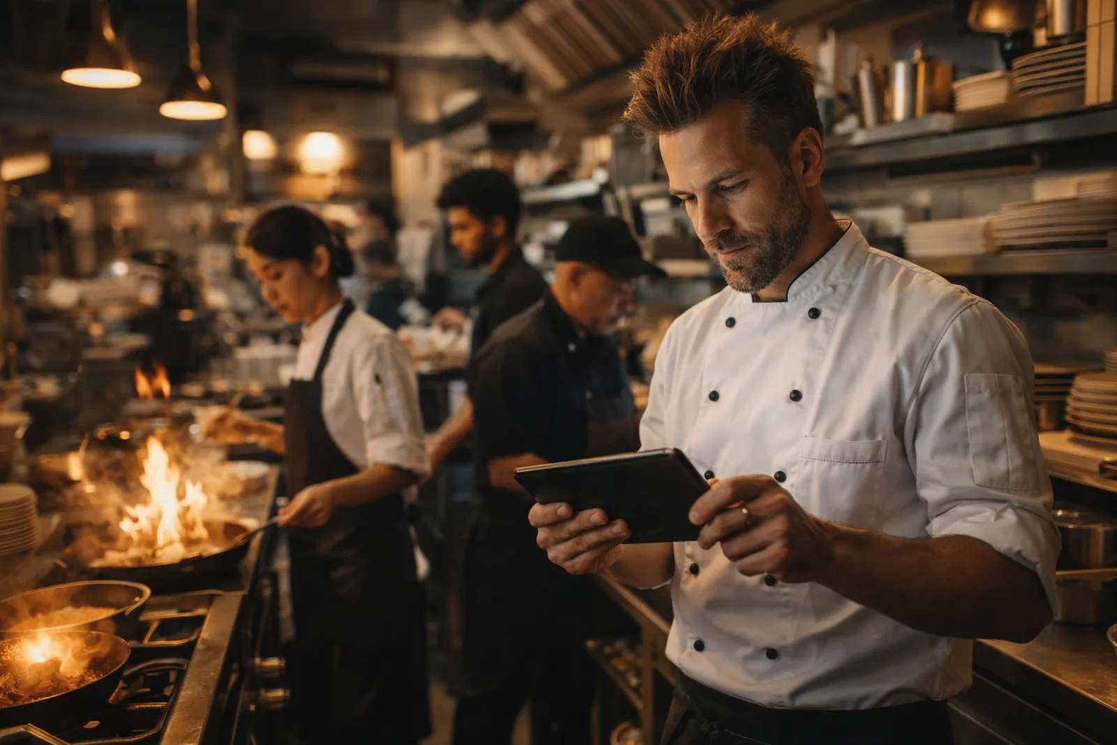 Chef using an iPad in a busy restaurant kitchen to manage orders and operations