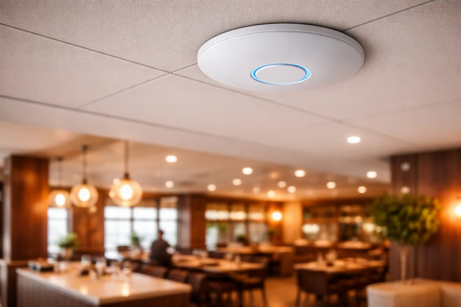 Ceiling-mounted Wi-Fi access point in a restaurant environment