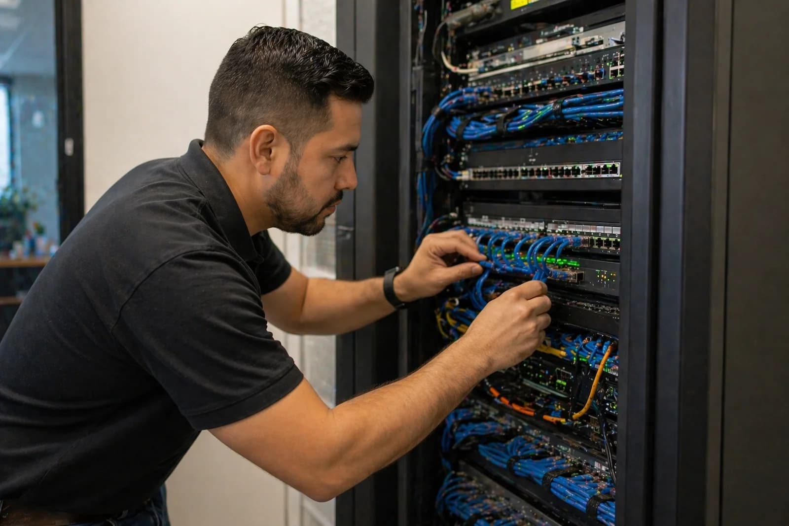 Technician troubleshooting ethernet connections in a network rack