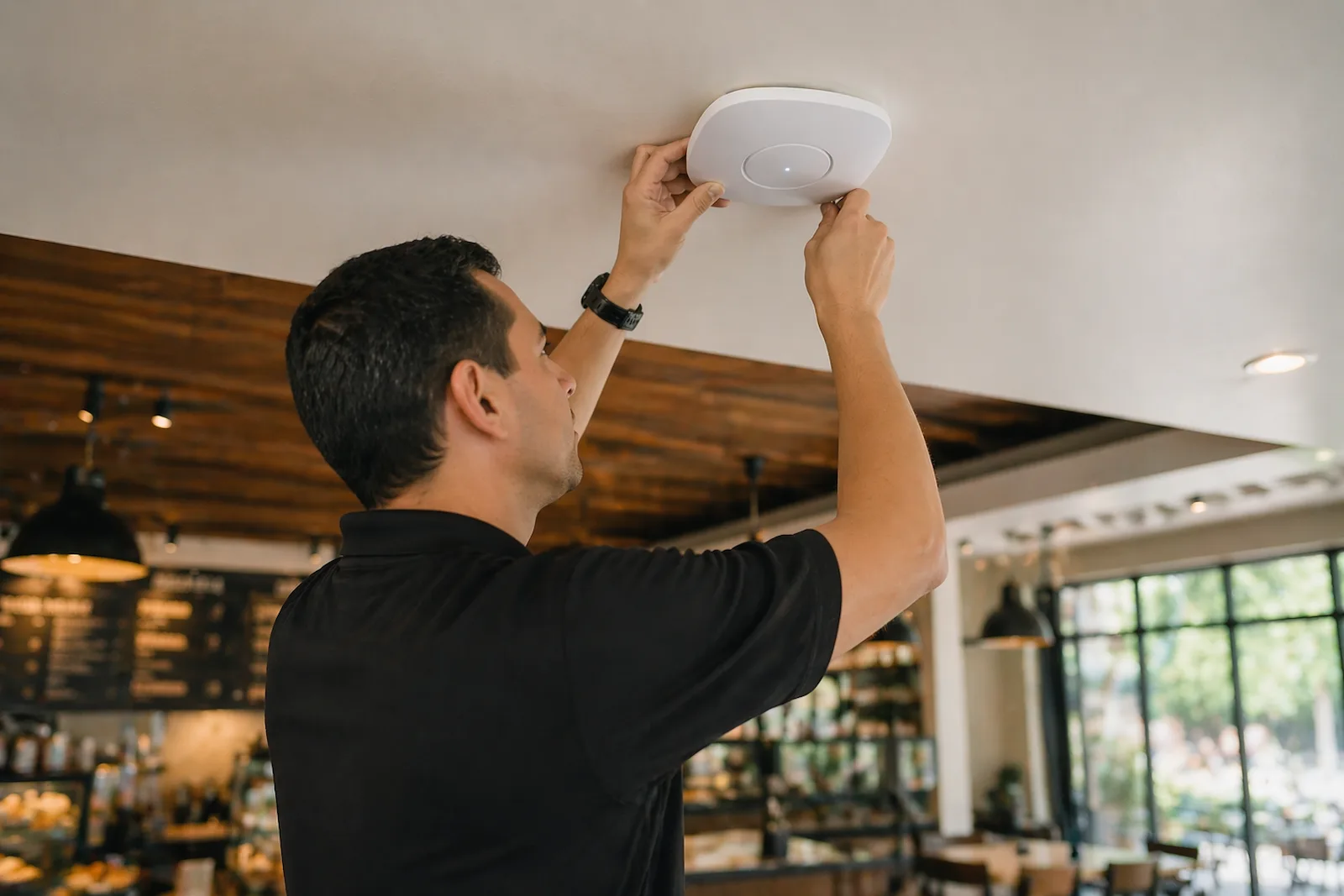 Technician installing a ceiling-mounted Wi-Fi access point