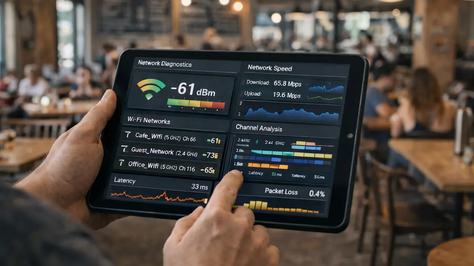 Technician analyzing Wi-Fi network diagnostics on a tablet in a café