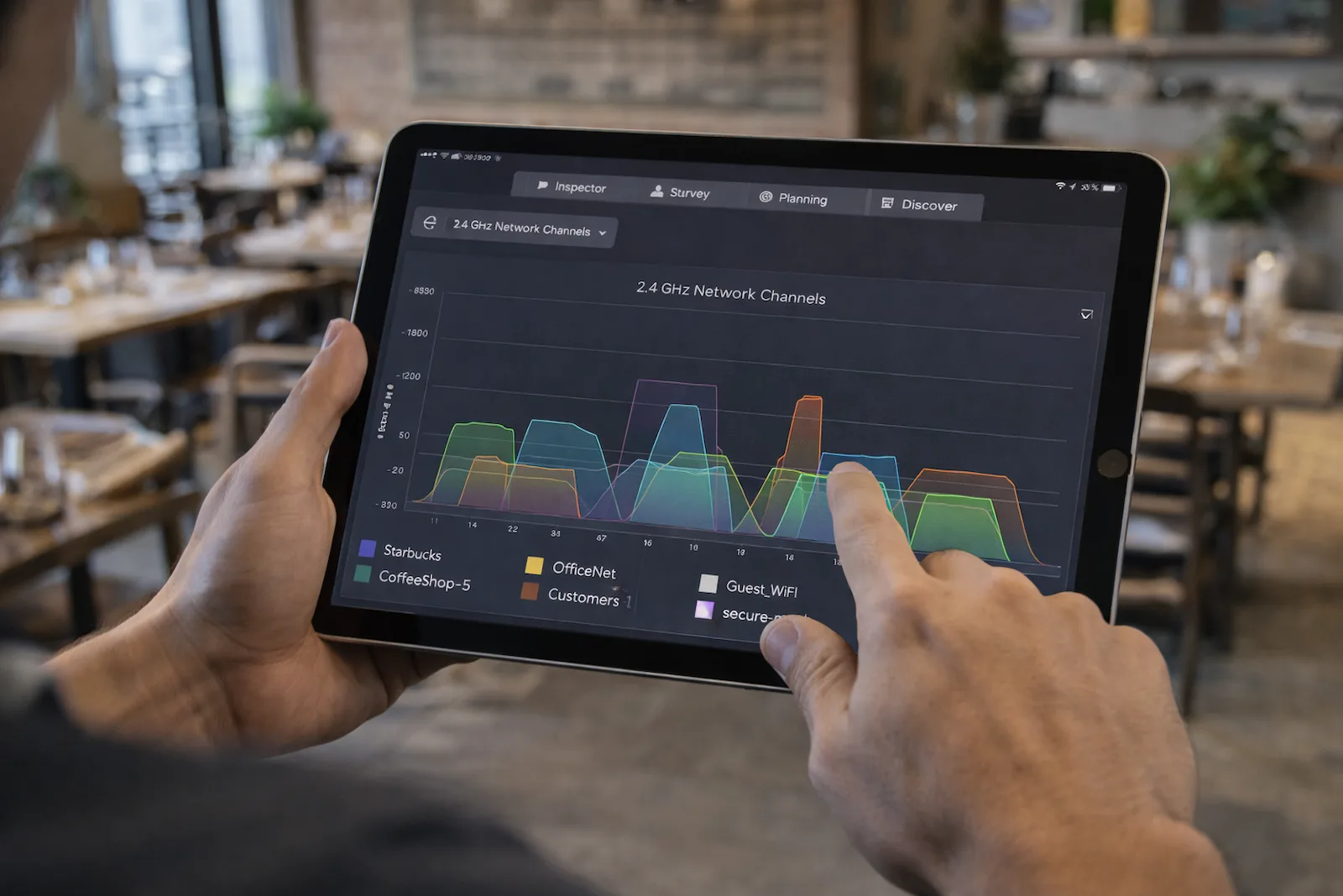 Technician analyzing Wi-Fi performance on a tablet in a café environment