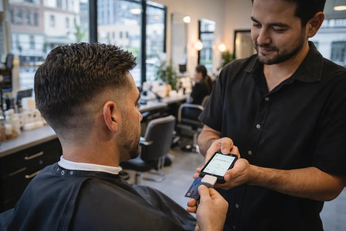 Customer payment using a mobile card reader in a barbershop