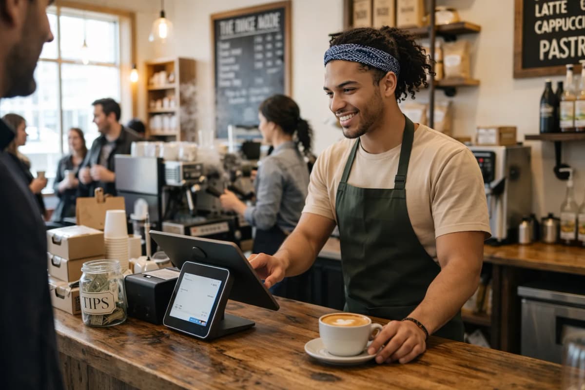 Barista using a POS payment terminal in a coffee shop environment