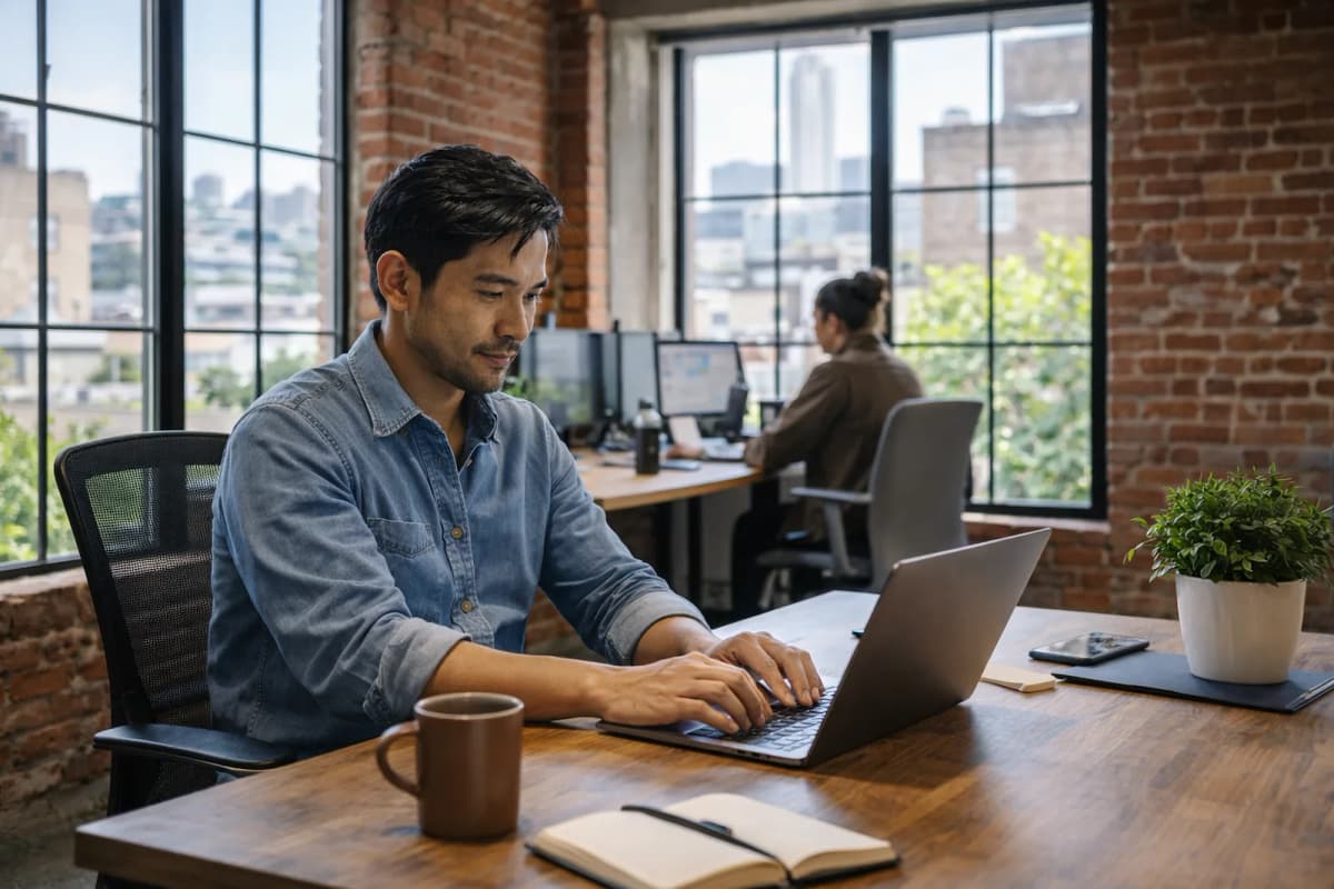 Professional working on a laptop in a modern office network environment