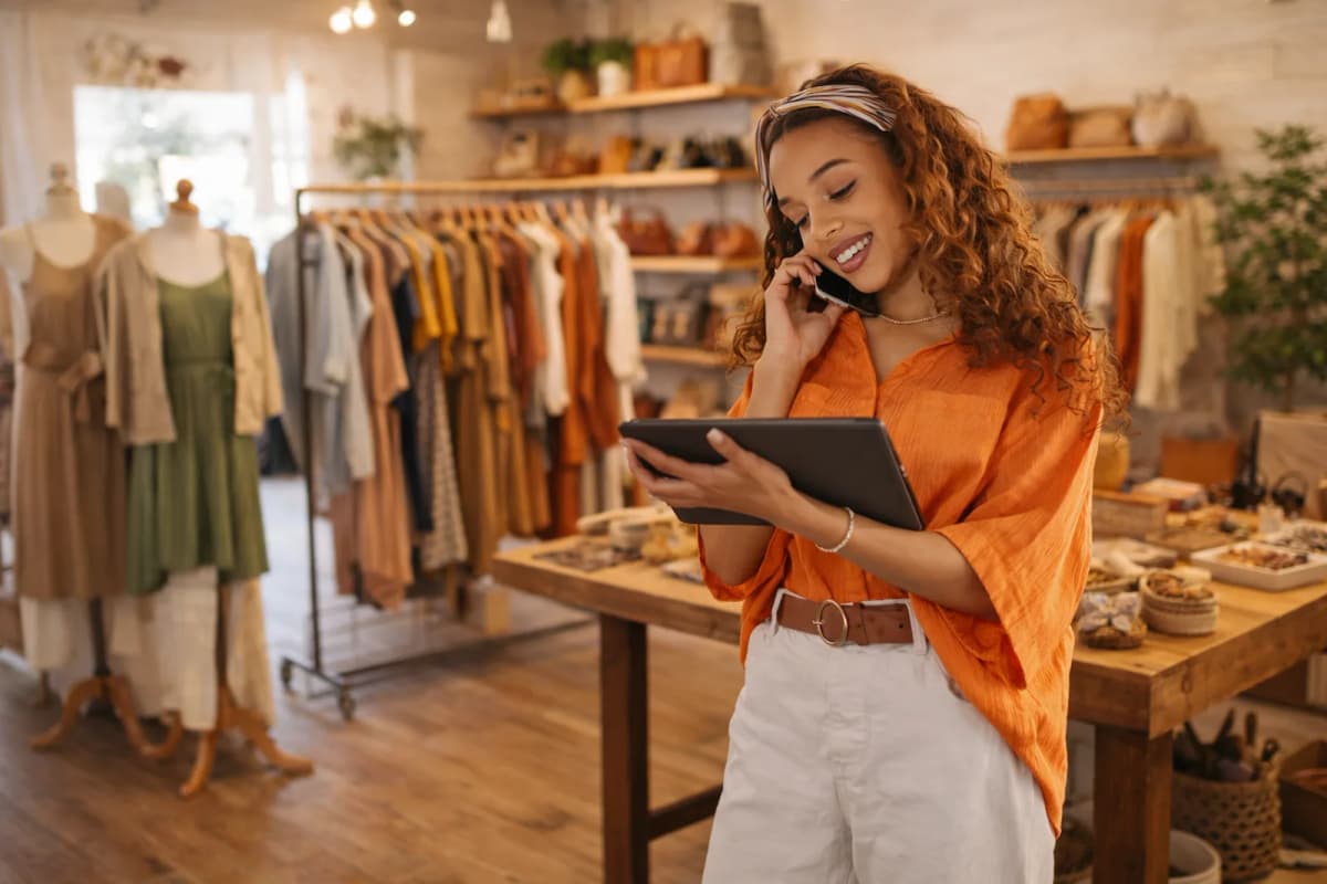 Retail shop owner using a tablet for inventory management