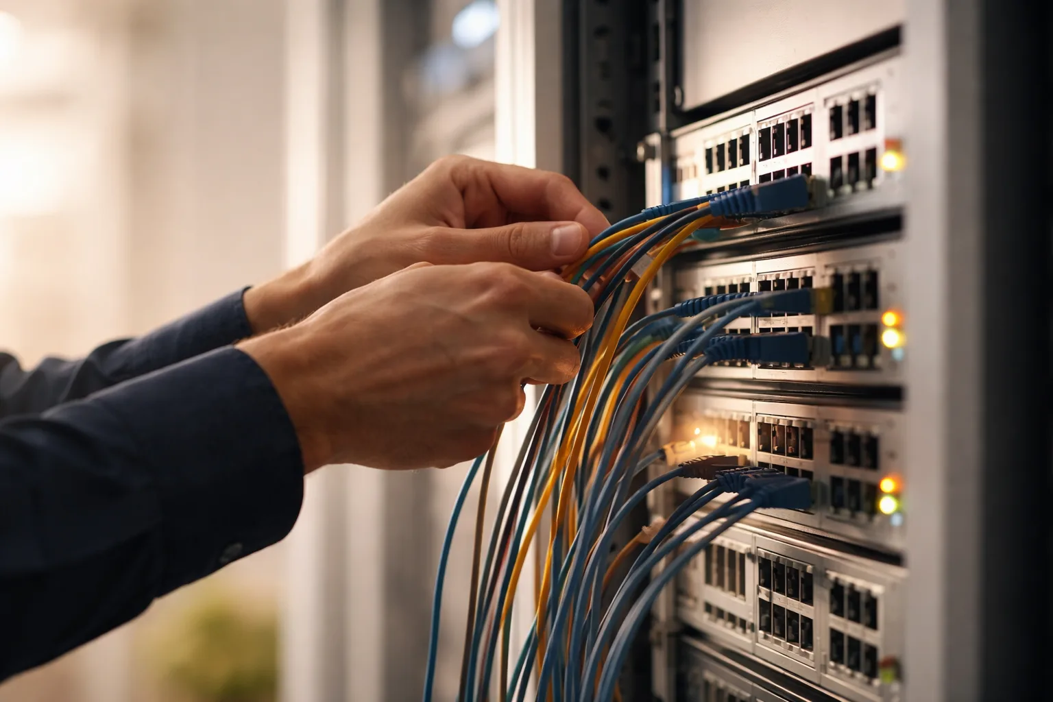 Technician organizing patch cables in a network rack