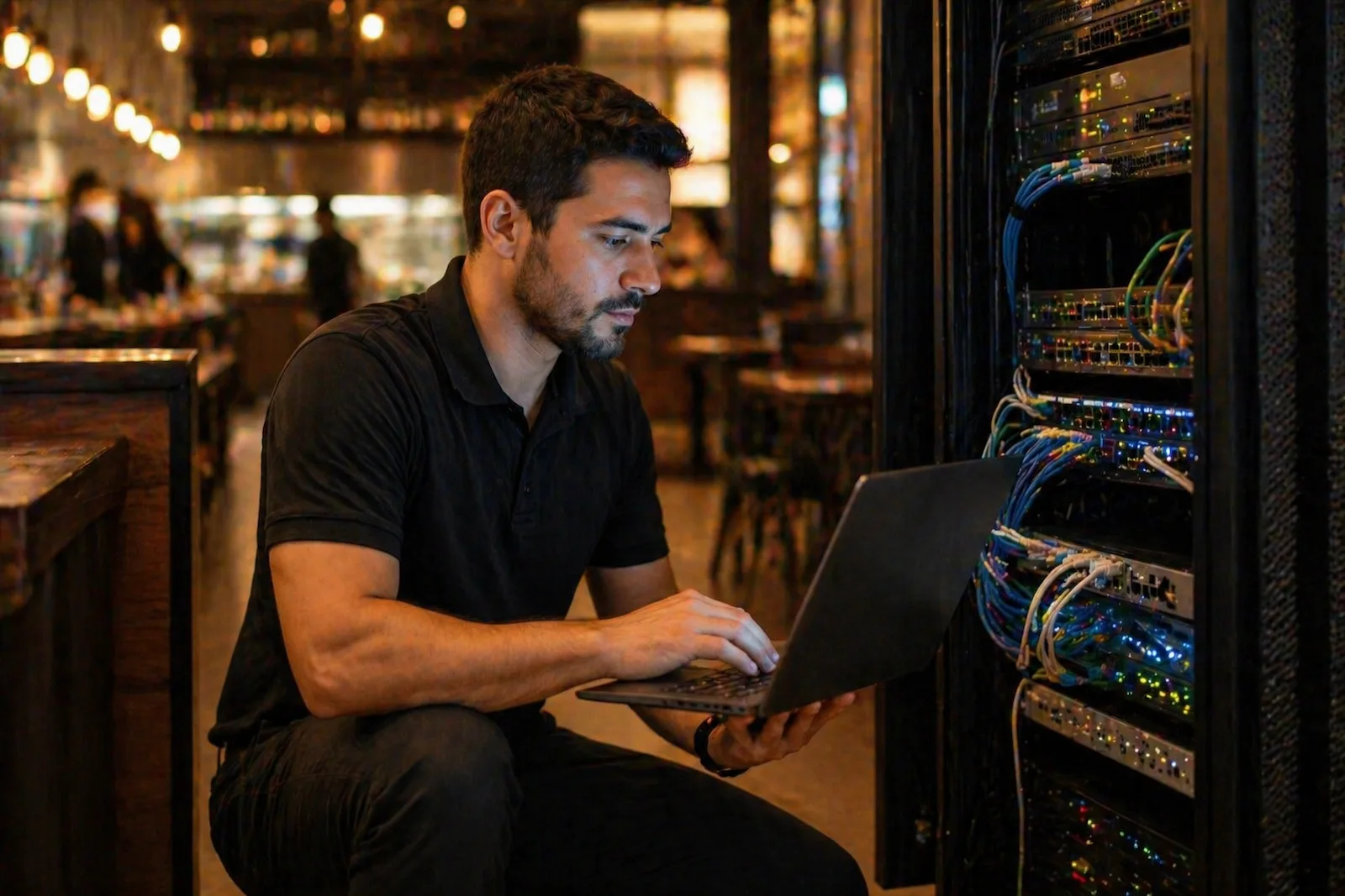 Technician working on a laptop connected to a network rack in a restaurant environment, analyzing network systems