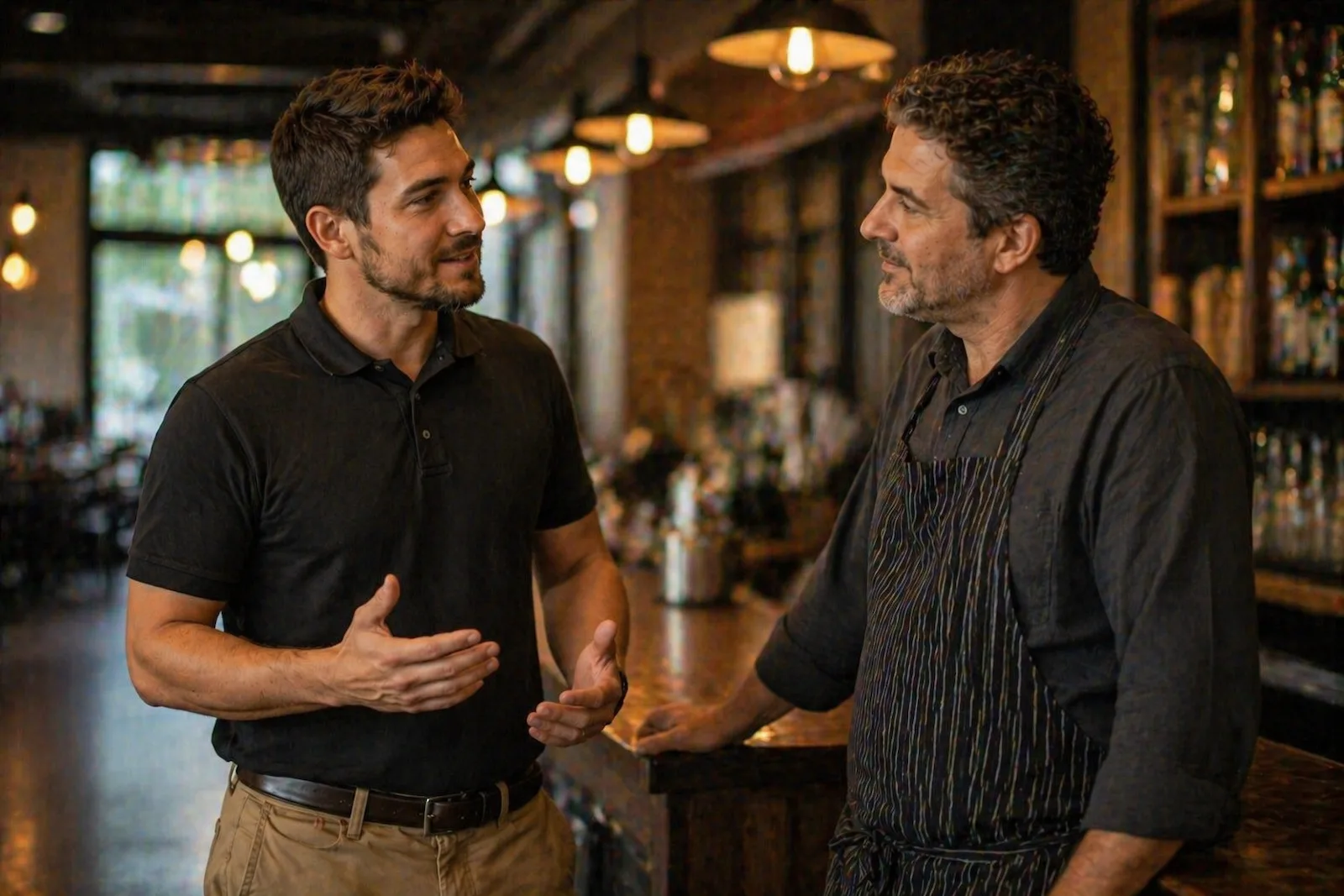 Technician having a relaxed conversation with a restaurant owner at a bar, discussing network improvements