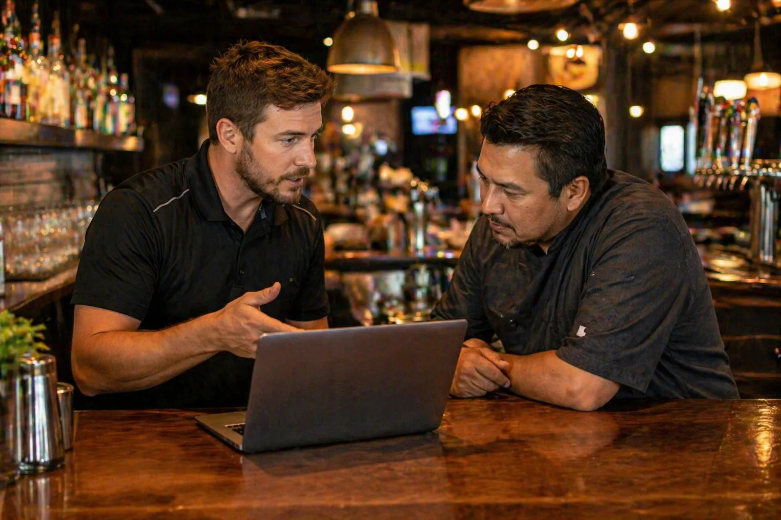 Technician discussing network performance with restaurant owner over a laptop at a bar
