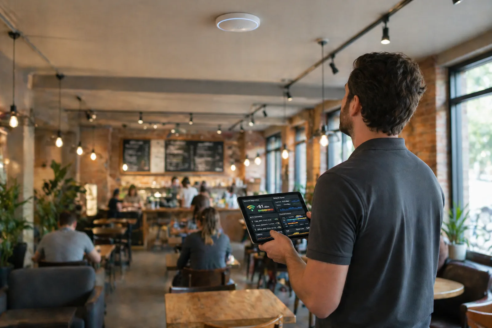 Technician analyzing Wi-Fi network performance on a tablet inside a small business café environment