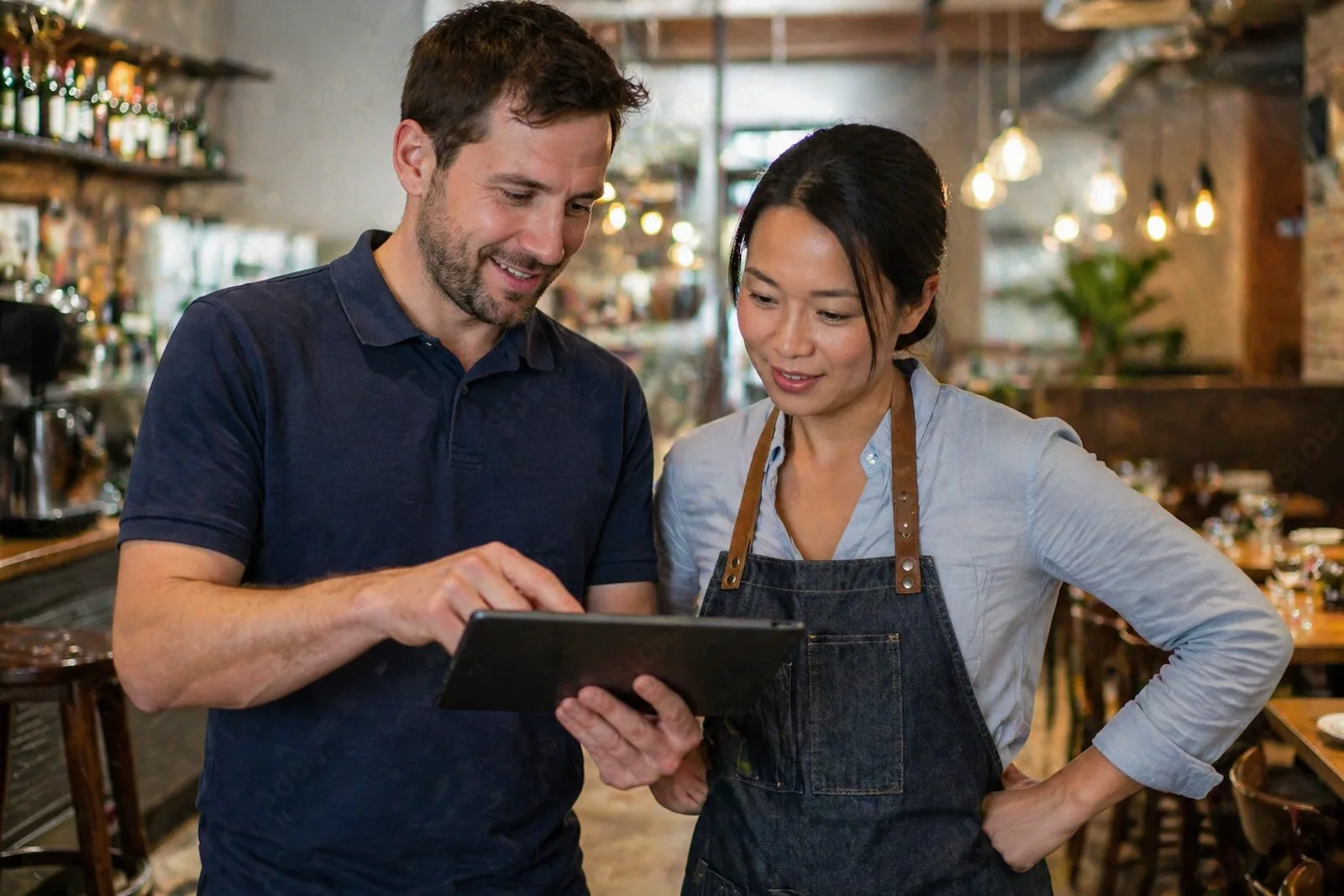 Technician and restaurant owner reviewing network performance on a tablet during a Wi-Fi assessment